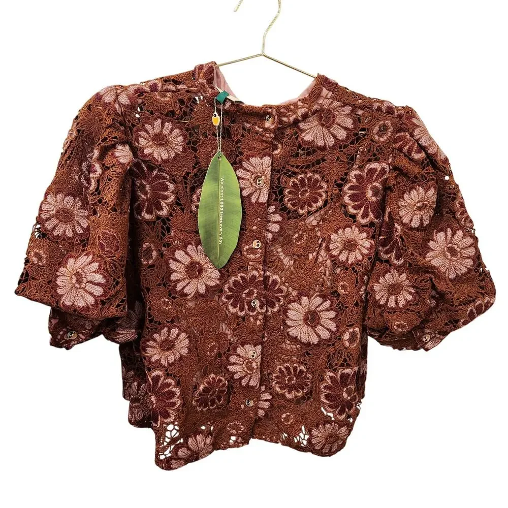 Farm Rio Gigi Tapestry Puff sleeve Guipure brown crochet blouse size XL